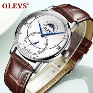 OLEVS Fashion Mens Watches Genuine Leather Strap Waterproof Quartz Watches For Men Business Style Sub-dial Multifunction Male Clock Top Brand Wristwatch For Men 5874