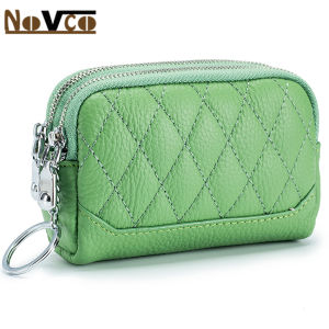Novco High Quality Cow Leather Double Zipper Bags Fine Hardware Key Ring Chain Style Good Capacity Lady  Purse Handbag