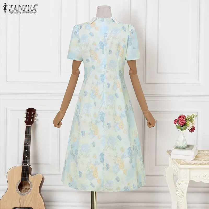 summer dresses korean style Aesthetic Blue Dress ZANZEA Korean Women Trendy Lapel Short Sleeve Lace Patchwork Floral cute korean style dresses