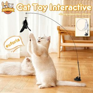 Cat Teaser Wand Toy with Strong Suction Cup Feather Bell Detachable Long Rods Interactive Pet Toys