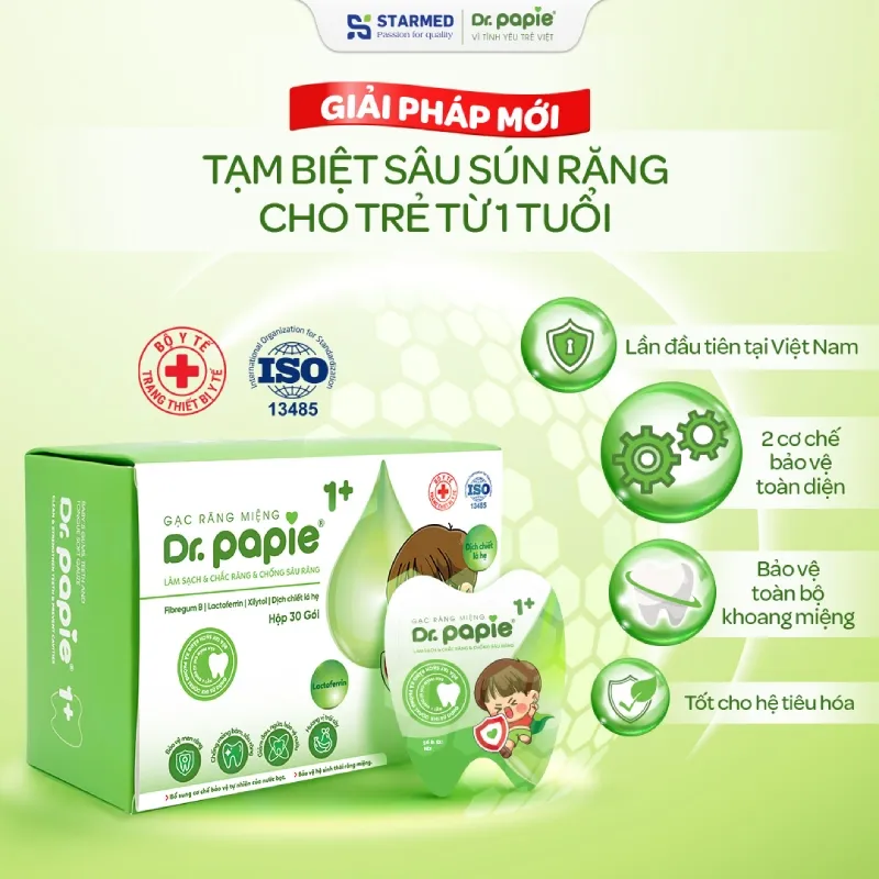 [Chính hãng] Gạc Rơ Lưỡi Dr.Papie 1+ Tiêu Chuẩn 5SAO, Làm Sạch Răng, Lưỡi, Nướu, Phòng Chống Sâu Răng Cho Bé - 30Gói/Hộp:5897