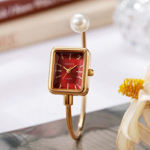 WENYOU Dây đeo ngọc trai Đồng hồ đeo tay Vòng tay mở đồng hồ vuông Đồng hồ thạch anh Sang trọng Đồng hồ đeo tay đính ngọc trai Phụ nữ