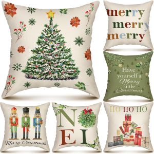 Shellwei 6 Pcs Christmas Pillow Covers 18x18 Inch Boho Merry Christmas Throw Pillow Covers Xmas Cushion Case Nutcracker Noel Christmas Tree Decorative Square Throw Pillow Case for Home Sofa Bed Chair