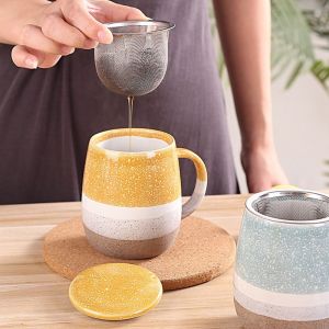 MMLUCK Nordic Style Kiln-changed Tea Mug with Filter and Lid Ceramic Tea Separation Cup Household Heat Resistant Water Cup Office