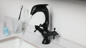 LDIES Matte Black Bathroom Basin Faucet Dolphin Shaped Dual Handle Washbasin Faucets Stream Mode Hot Cold Mixer Taps 3R8H1