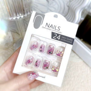 [Ready Stock]24pcs Fake Nails Purple short-armor Gradient Nail Art With Glue