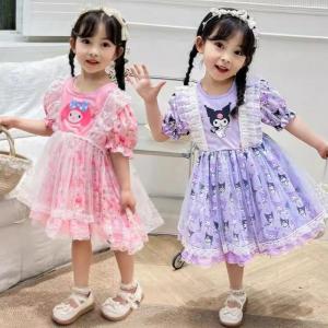 Sanrio Kuromi My Melody Girl Lolita Princess Dress Suit Summer Fashion Kawaii Children Short Sleeve Dress Baby Puffy Skirt Gift