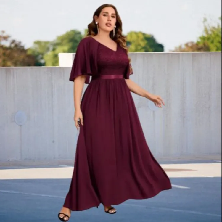 Plus Size Lace Bodice Butterfly Sleeve Chiffon Formal Party