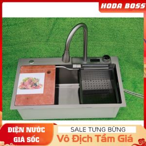 Chậu Rửa Bát 1 Hố Cao Cấp HODABOSS Hiển Thị Nhiệt Độ Chậu Rửa bát 1 Ngăn Lớn Kèm Vòi Lọc Nước Thác Nước rổ