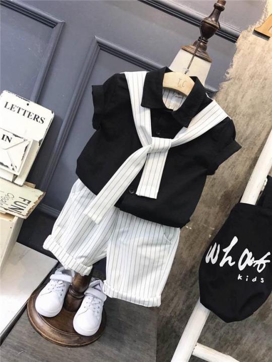 Korean Cute Boy Style 2pcs Toddler Baby Kids Clothes Set, Collar Shirt With  Front Tie Design Top+ Straight Pants Boy Suit For 1~7 years Children