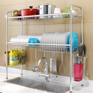 ชั้นวางจานสแตนเลส ที่คว่ําจานแสตนเลส คร่อมอ่างล้างจาน 2 ชั้น