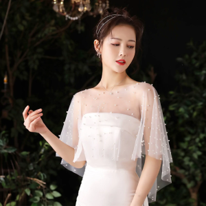 Womens Faux Pearls Beading Shawl Wrap Shrug Bridal Soft Sheer Tulle Mesh Capelet Wedding Dress Shawl Cover Up Capes