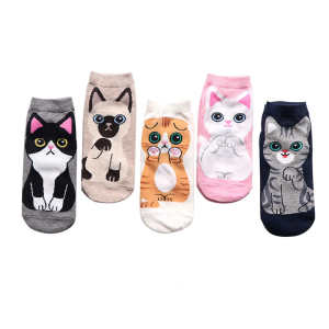 5 Pairs Womens Cotton Ankle Socks Cute Cats Print Breathable Comfortable Low Cut Short Socks for Daily Wear and Sports