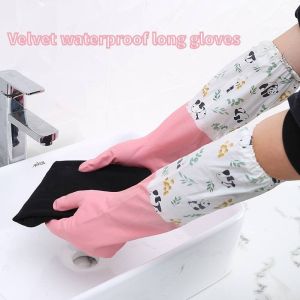 Cleaning Gloves with Velvet Waterproof Long Latex Gloves Kitchen Dishwashing Gloves
