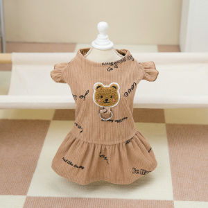 zhongku Dogs Cats Daily Wear Clothing Shihtzu Teddy Poodle Corduroy Outfit Pet Minimalist Type Dress with Bear Patterns