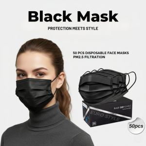 Premium Black Face Mask 3-Ply | 50 pcs | Adult Disposable Face Mask | Soft Black Earloop