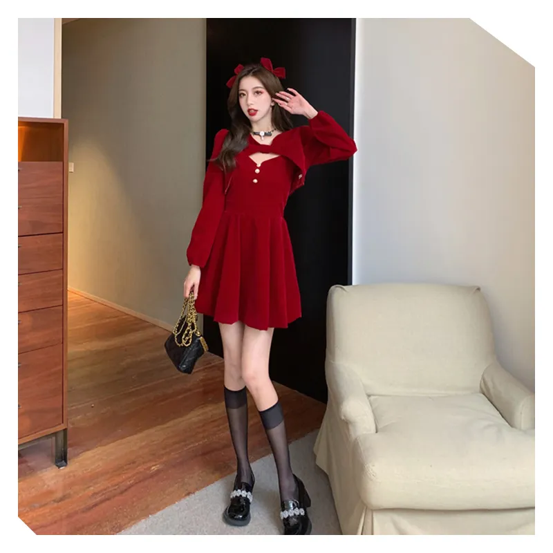 2024 New Christmas Party Outfit Gold Velvet Red Dress Women's Autumn and Winter  Red Festival Dress with Shawl Coat New Year Two-piece Dress | Lazada PH