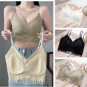 YTM พู่ห้อยคอ บราไร้สายทรงวีเว้าลึก ดอกไม้ประดับดอกไม้ กันกระแทกและกันกระแทก บราลูกไม้ไร้ตะเข็บ หน้าอกที่รวบรวม ฟิตติ้ง บราเซียร์ดันขึ้น สาวๆ