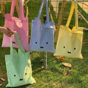 HEFEI Grid Rabbit Shoulder Bag Check Cartoon Embroidery Canvas Bag Fashion Embroidered Womens Handbag Beach