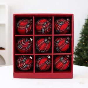 MAOMEI 9Pcs Họa tiết lưới Bộ quả cầu Giáng sinh làm từ vải kẻ sọc. Cổ điển Nhựa Bộ dụng cụ làm quả cầu trang trí treo Giáng sinh Trang trí bàn ăn Chống phai màu  dây chuyền cảnh Giáng sinh Cây thông Noel