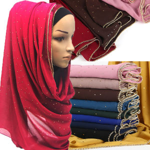 Jifang High Quality Women Plain Bubble Chiffon Muslim Hijabs Shawls Shiny Rhinestone Bling Scarf Solid Islam Hijab head scarf WJ136