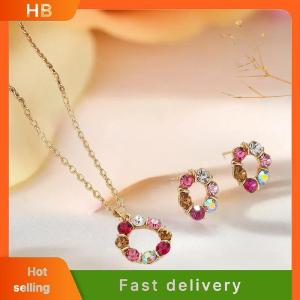 HB 3Pcs Gold Necklace Earrings Set Ladies Celebrity Simple Fashion Style Exquisite Stained Glass Diamond Circle Shape Jewelry