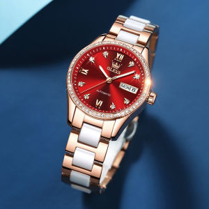OLEVS 6637 Mechanical Women Fashion Watch Gift Ceramic Watchband Round-dial Wristwatch Week Display Calendar Luminous
