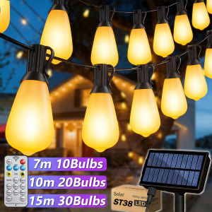 10/15/20M Outdoor String LED Patio Lights - Solar charging Waterproof Electric Bulb Light Remote Dimmable Rechargeable