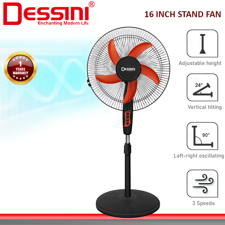 DESSINI ITALY 16'' Inch Stand Fan 3 Speed 5 Blade Oscillating Air Ventilator Conditioner Cooler Humidifier Kipas Berdiri