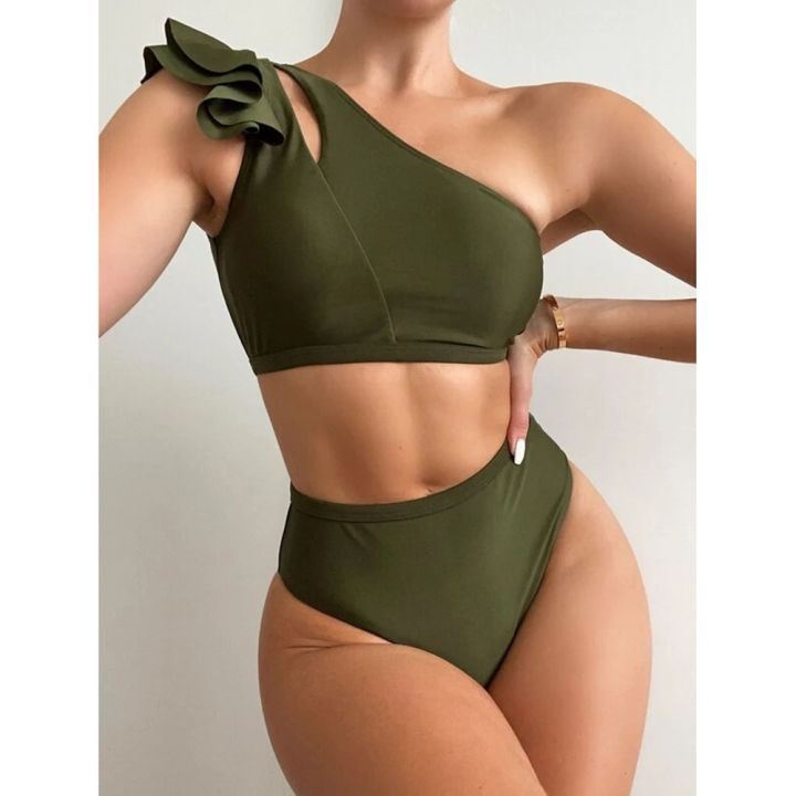 Womens Crop Top Swimsuit High Waisted One Shoulder Sports Bikini Two Piece Push  Up Bathing Suit 