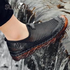 SURGUT Cowhide Mesh Sandals Men Summer Anti-Collision Toe Designer Fashion Hand-Sewn Non-Slip Wear-Resistant Casual Men Sandals