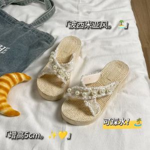 [Free Shipping] 5Cm High Heels!Coconut Island-Style-Worthy Pearl-Embellished Flip-Flops For Women Perfect For Summer Vacations And Beach Outings With Thick Soles