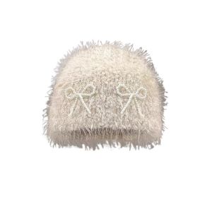 ERYRG Korean Style Pearls Bow Woolen Hat Colorful Y2K Knitted Pullover Hat Personality Elastic Brimless Beanie Cap Winter