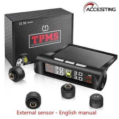 【จัดส่งในพื้นที่】ระบบการตรวจสอบแรงดันยางรถยนต์ TPMS ไร้สายความดันยางรถยนต์พลังงานแสงอาทิตย์นาฬิกาปลุกหน้าจอ LCD สัญญาณเตือนอุบาทว์ด้วย4เซ็นเซอร์ภายนอก