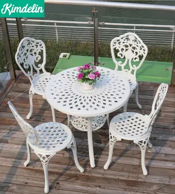 KIMDELIN Outdoor Furniture Cast Aluminum Furniture 78cm Diameter Round Tabletop Table +4 Chairs For BalconyPatioTerrace