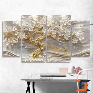 HIASAN DINDING 4 IN 1 SET BUNGA 3D ELEGAN REALISTIK WALDECOR NUANSA ABSTRAK GOLD MINIMALIS HIASAN