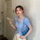 ZD Spring New Double Zipper Top Women's Knitted Cardigan Short Slim Fit Jacket T-Shirt Blue Short Sleeve. 