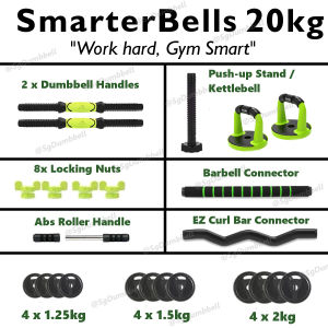 SGDUMBBELL 6-In-1 SmarterBells 20KG Dumbbell Barbell Kettlebell Push-up Stand Abs Roller Package