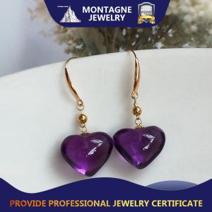 Montagne Jewelry 18K Pure Gold Earring Love Heart Shape Design Fine Jewellery Natural Top Grade Brazil Quartz Crystal 12.5x9.5mm Amethyst Earring Drop Earrings