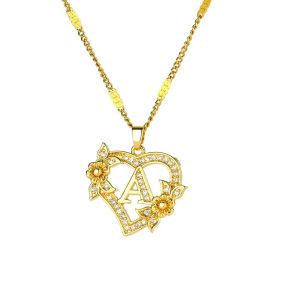 Womens Hollow Out Heart Floral Inlaid Zircon Initial Letter Necklace  Stainless Steel Elegant Personalized Daily Jewelry