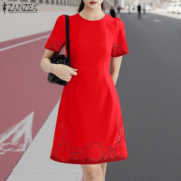 ZANZEA Korean Style Women Elegant Crew Neck Dresses Short Sleeve Collect  Waist Floral Knee Length Dress #0609 Lazada PH