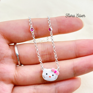 FLORA 0291D - Set bạc ta dây chuyền lắc tay hình mèo Hello Kitty dành cho bé gái