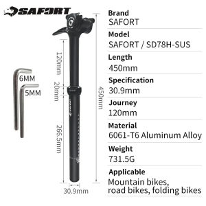 SAFORT ท่อหัวหยดจักรยานสองตัวหน่วงการสั่นสะเทือน450มม. 27.2สำหรับเดินทาง120 28.6 30.4 31.6 33.9 30.9มม. ท่อยกกระเป๋าจักรยานภูเขาพับได้บนถนน