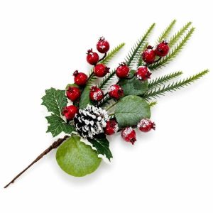 OKKFINE Green Leaves Artificial Pine Branches Red Berries DIY Wreath Christmas Pine Stick Creative Photo Props Fake Holly Pine Branch Xmas Tree Decoration
