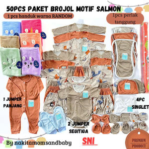 50pc Paket Premium Printing Perlengkapan Baju Celana Bayi Handuk Perlak Singlet Romper Bayi Baru Lahir 0-12 Bulan Salmon Series SNI Sale 12.12