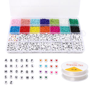5000 cái/hộp 4x7mm Acrylic phẳng Vòng hạt chữ cái + 3mm Czech Hạt giống Hạt thủy tinh bộ bộ với dây cườm cho làm đồ trang sức tự làm vòng tay tình bạn Vòng cổ