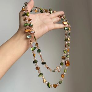 MIRELINA Bohemian Antique Necklace Colorful and Green Shell Beaded Double Layers Necklace Fashion Stackable Long Necklace Women Girls