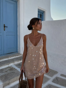 Phụ nữ Trắng Lớn Sequins Mini Trượt Váy Sâu V Dây đeo Mì Ý Lỏng Váy Ngắn Câu lạc bộ Đêm Đi chơi Bữa tiệc Sinh nhật Áo choàng 2026 Mới2026