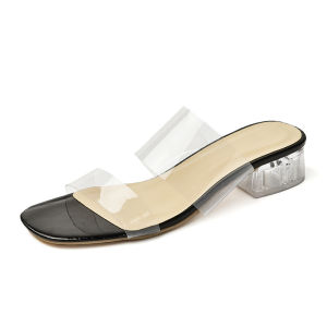[Free Shipping] WomenS Outdoor Sandals With Chunky Heels Summer High-Heeled Transparent Slide Sandals Crystal Heel Half-Slip Sandals