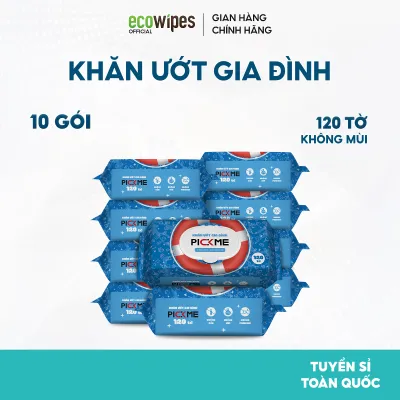 Thùng 10 gói khăn ướt trẻ em cao cấp PICKME ECOWIPES gói 120 tờ không mùi siêu tiết kiệm an toàn cho da bé